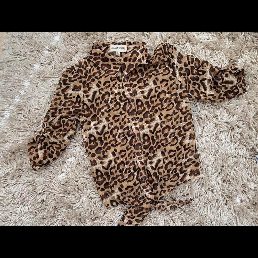 Leopard button blouse with tie front